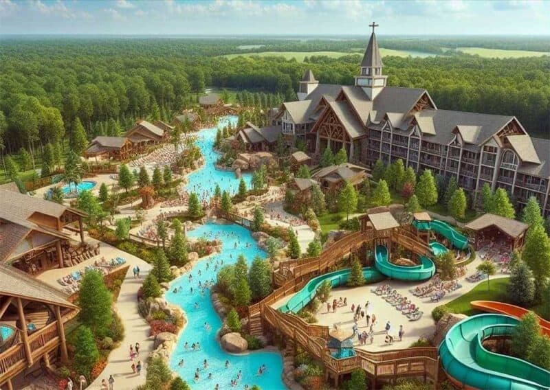 Aerial view of a bustling resort with water park and large hotel surrounded by forests.